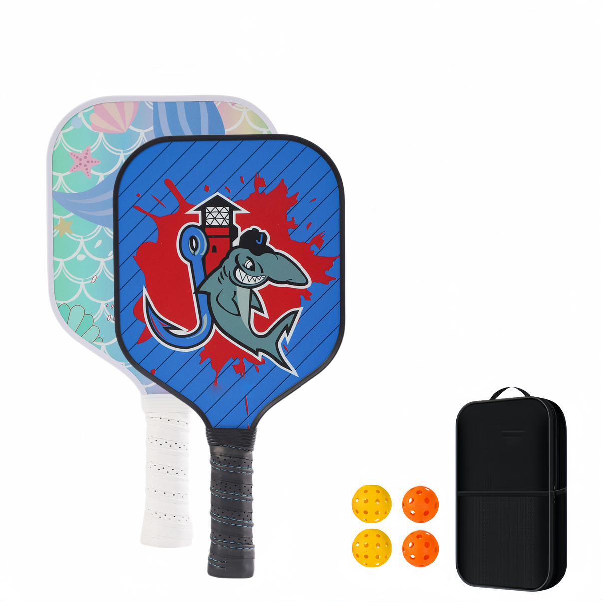 A kids' pickleball paddles set features blue shark & pink mermaid tail designs, fiberglass construction, a carrying bag, and 4 balls